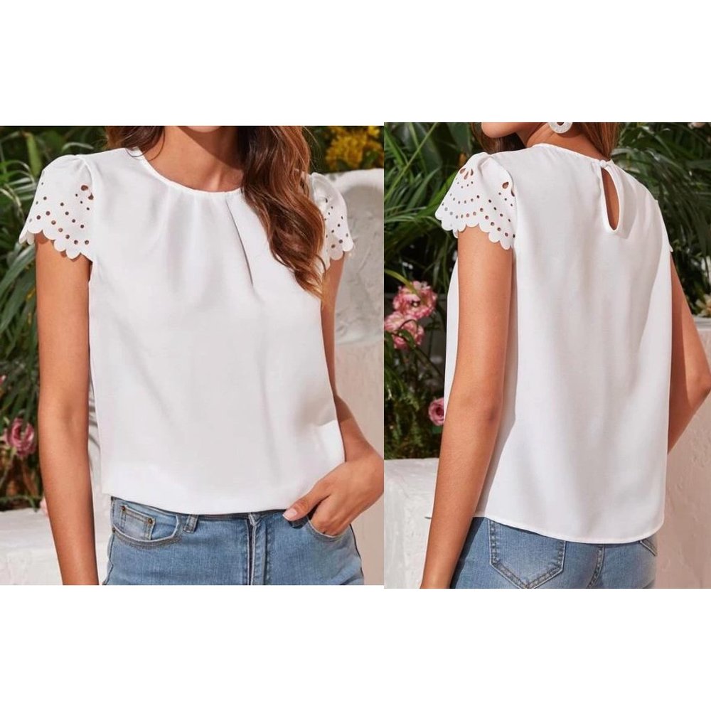 Shein Scallop Trim Laser Cut Sleeve Pleated Detail Top - White - Size M